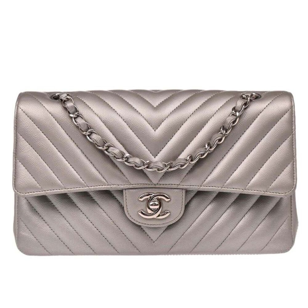 Chanel Timeless - Classic Double Flap Leather Silver Calfskin Shoulder Bag Bag